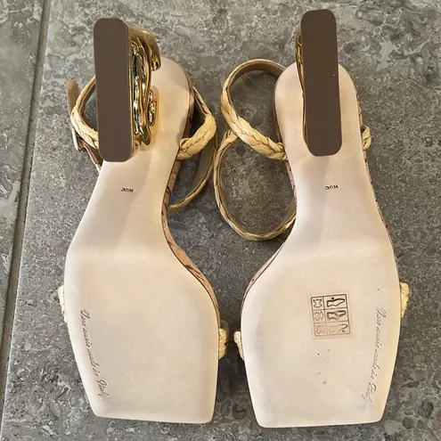 Dolce & Gabbana Logo Heel Ankle Strap Sandals in Gold Tan, New in Box