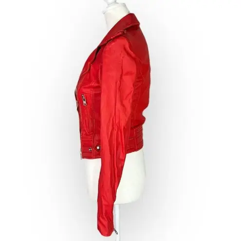 IRO Luiga Cropped Moto Jacket Women 36 Red Silver Double Zip Button Long Sleeve