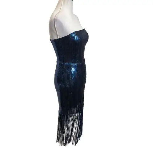 Dress the Population Jeanette Dress Sequin Midi Strapless Sheath Blue Size XXS