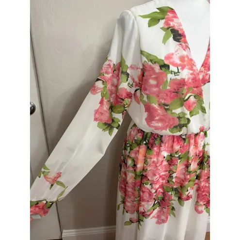 Floral Chiffon Maxi Dress Womens S White w/pink Bridal Romantic Cottagecore Chic