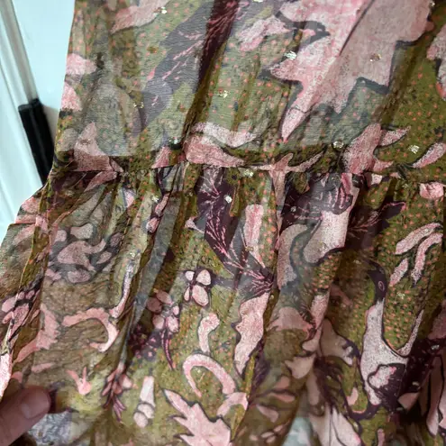 Ulla Johnson RARE Celestia Floral Batik Print Midi Dress Olive Ruffl Silk Size 6