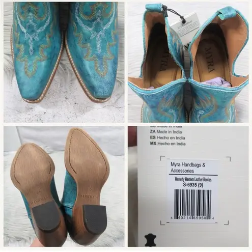 MYRA Turquoise Embroidered Leather Block Heel Western Ankle Booties Women Size 7 Blue