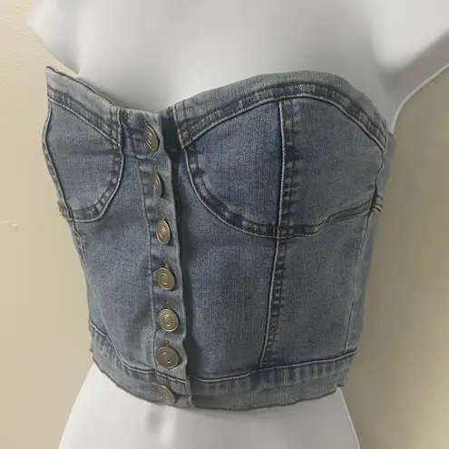 VINTAGE DENIM BUSTIER WITH BUTTON FRONT AND SHEERING IN BACK TO LOOK SNATCHED IN Blue
