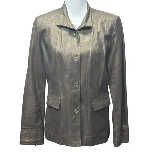 Alfani Brown Genuine Leather Jacket With Copper Gold Sheen Womens Size M Zip Up