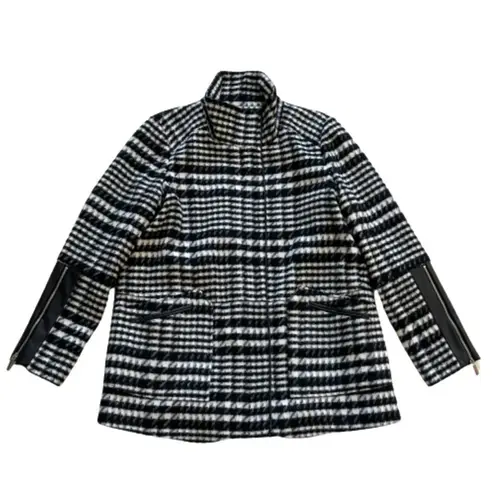 Rafaella Car Coat Black White Brushed Plaid Faux Leather Detail Outerwear Large
