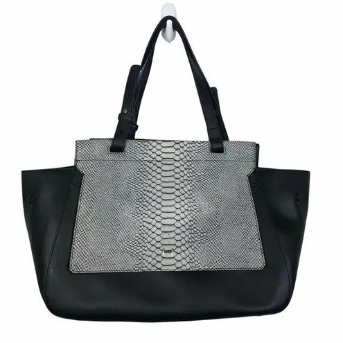 H by Halston Black Gray Smooth Leather Satchel with Snake Embossed Flap