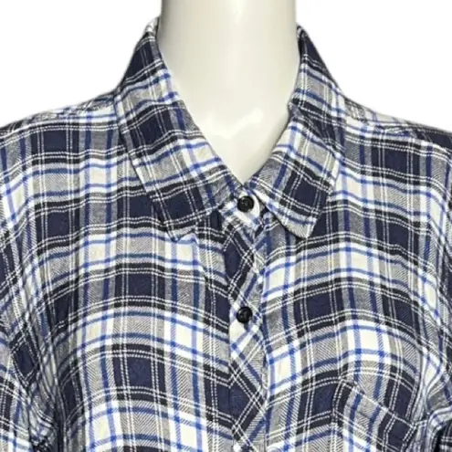 Duck & Weave Shirt Womens Large Blue Black Plaid Button Up Flannel Camp Cabin Blue