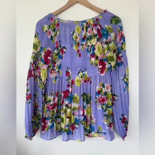 Valerie Stevens Valerie Stevens Purple Pleated Floral Long-sleeve Blouse with Relaxed Fit Small