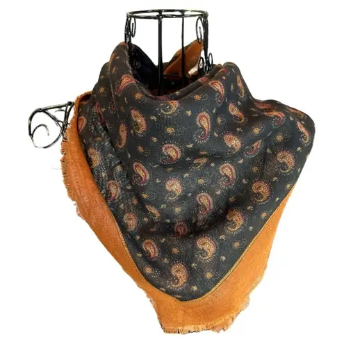Vintage Retro Paisley Square Fringed Scarf Black Brown