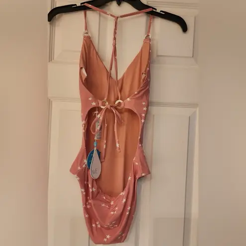 WET Swimwear LA Rose Stars One Piece Back Tie Swimsuit Pink & White Size Small