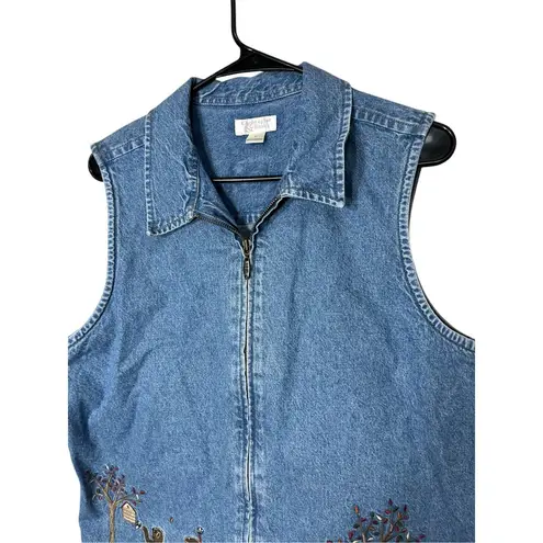 Christopher & Banks Vintage Denim Zipper Vest Bear Bees Embroidery Medium