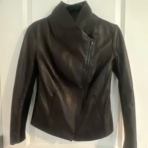 Nordstrom Signature Black Leather Scuba Moto High Neck Full Zip Sz Small