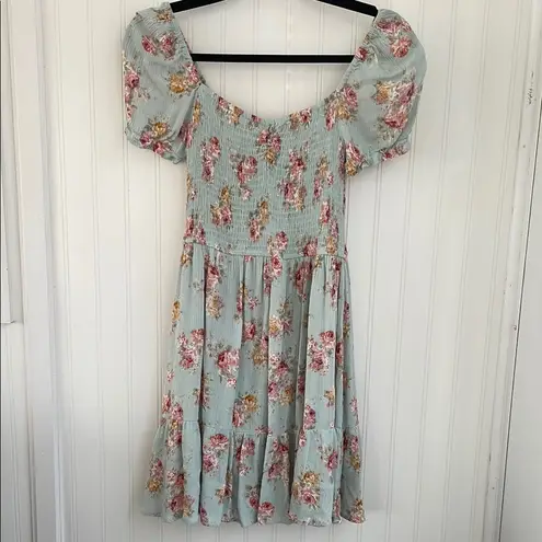 Becool Peasant Babydoll Smocked Mini Dress Puff Sleeves Spring Easter Floral S Green