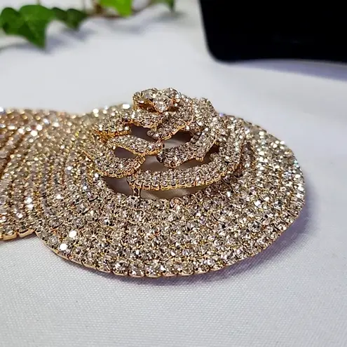 Large Statement Rose Flower Brooch Pin Yellow Gold Rhinestone Fringe New