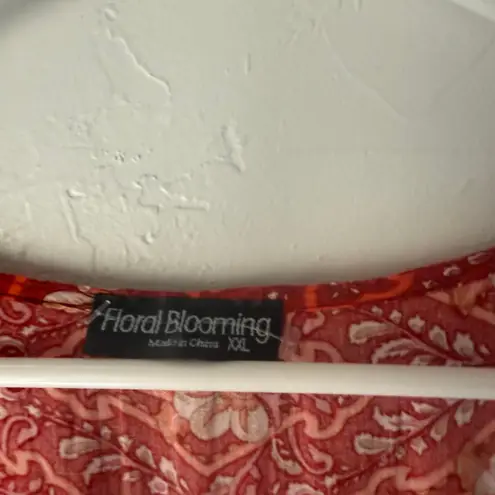 Floral Blooming Red Boho Maxi Dress XXL Empire Waist Button V