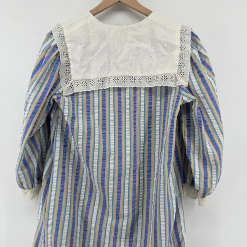 Vtg Saybury Striped Seersucker Nightgown Mumu Women M Eyelet Collar Pastel Zip Blue Size M