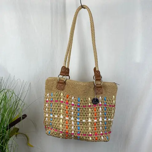 The Sak  Tan Woven Ribbon Crochet Bohemian Peasant Top Handle Shoulder Handbag