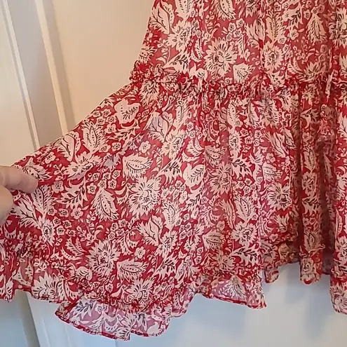 Dear John Size Large Tiered Dress Ruffle Shimmer Paisley Sleeveless Red