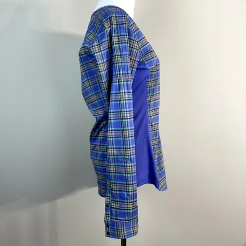 REI Shirt Womens Small Purple Plaid Snap Button Long 3/4 Tab Sleeve Pintuck Top