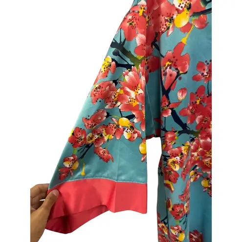 Natori Floral Print Long House Dress V-Neck Kimono Teal Red Women's Size M