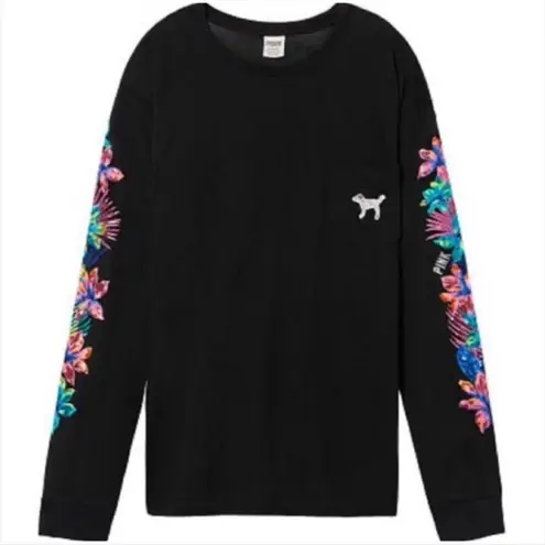 PINK - Victoria's Secret PINK Victoria's‎ Secret Campus Floral Sequin Hibiscus Tshirt Women's Small Black