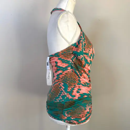 NWT SKY snakeprint ruched drape front turquoise stone embellishment halter top S Orange