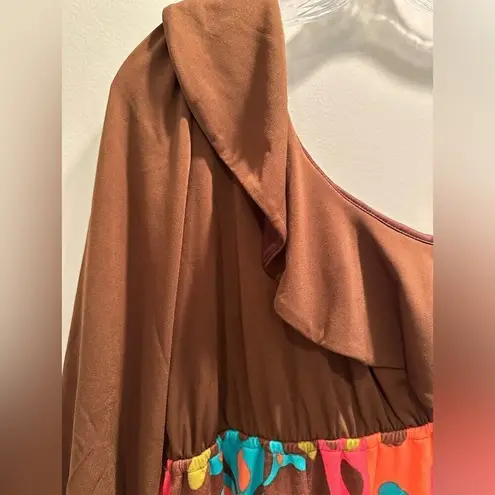 Judith March Ruffle One Shoulder Mini Dress Women's Large Brown Retro Boho NWT