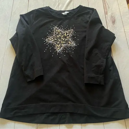 cj banks Women’s Black Fleece PulloverSweatshirt size 2X Star sequin Top Holiday