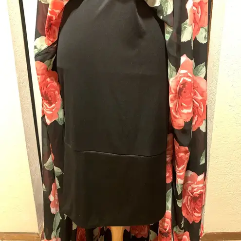 Red Flower Print Floor Length Dress Black Size M