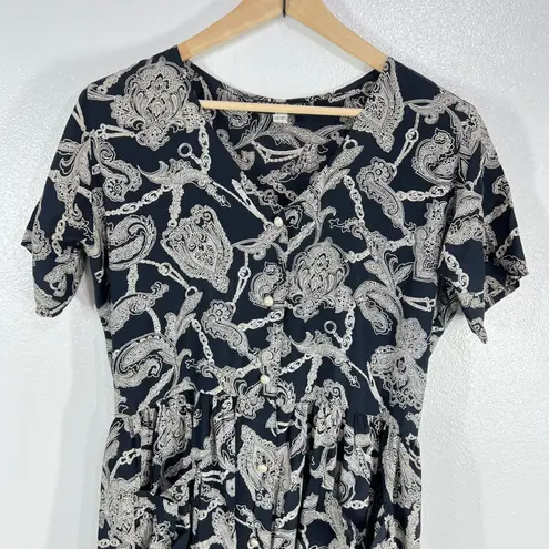 Vtg. Dress to Kill Rayon Maxi Dress Paisley Chain Print Pockets Pearls Buttons Black Size XL