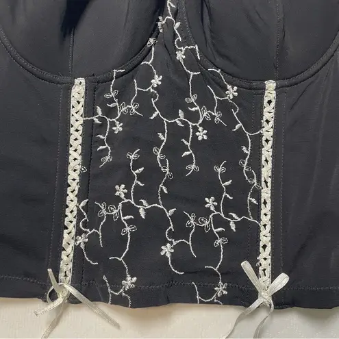 Black Bustier Top with White Embroidery size 36C Black