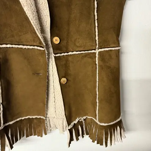 Vintage Lei Faux Suede Vest Large Brown Sheepskin Y2K Fringe Hem Button Front