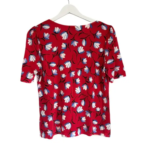 Talbots  Floral Short Puff Sleeve Sweater Top Red White Blue Size Large Petite