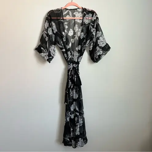 Vintage Black & White Floral Duster Coverup Kimono Lingerie Robe Size undefined