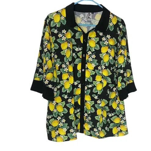Hell Bunny 3XL LEMON PRINT
RETRO PINUP BUTTON UP
BLOUSE BLACK PLEATED
CUFFS