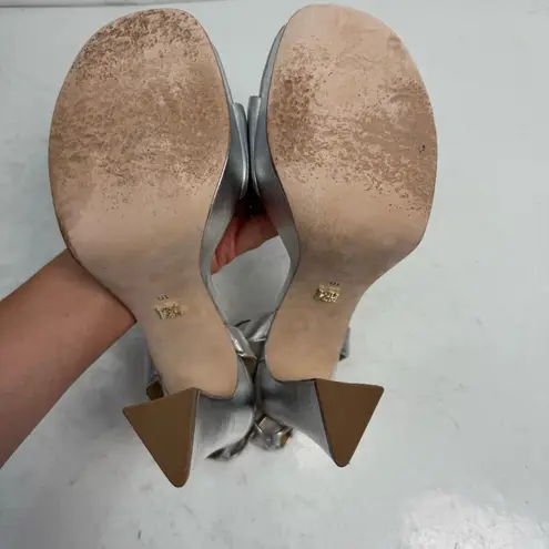 Badgley Mischka Silver Platform Sling Back Sandals Heels Shoes Size 10