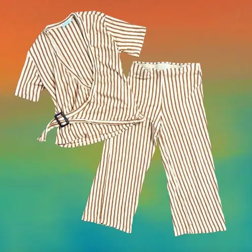 ZARA  Retro Gold & Beige Stripe Crop Pants Shirt (2) Piece Matching Set