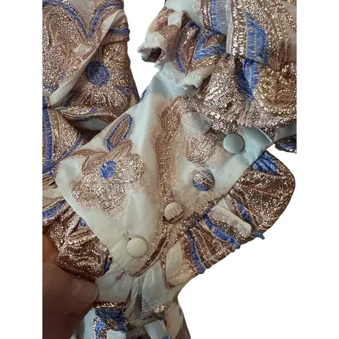 Alexis Abessa Metallic Paisley Wrap Ruffle Midi Dress Blue Gold S NWT