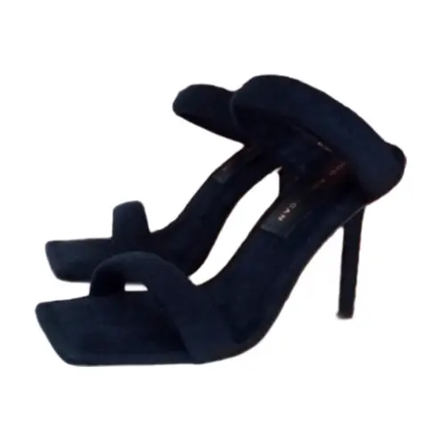 Good American black slip on terry cloth heeled sandal | square toe