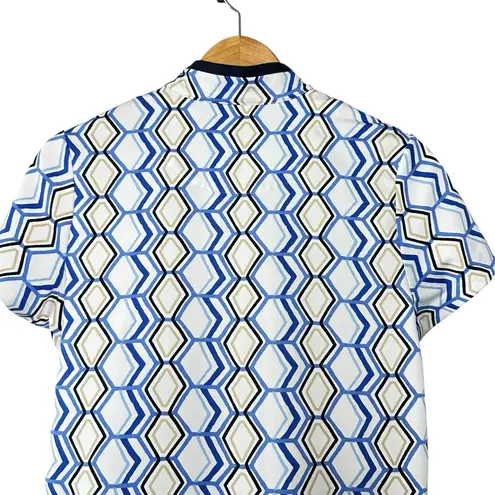 Tail Geo Print Golf Polo Shirt Blue White Tan Zip Neck Stretch M Preppy Sporty Size M