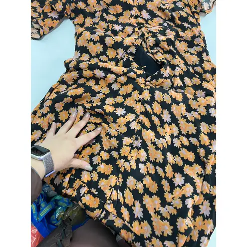 VEDA Dress Womens Medium Montana Orange Black Floral Printed Button Front Midi