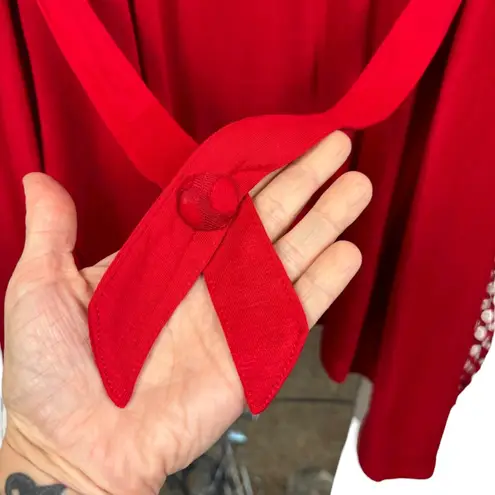 Pretty Angel Red Top sz L Silk Blend Artsy Boho Whimsigoth Rose Applique Crochet