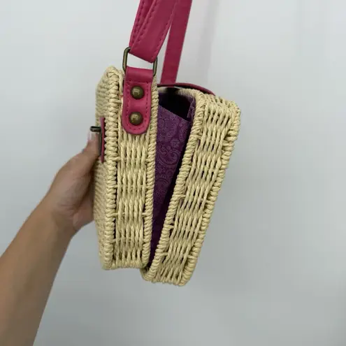 Craftabelle Woven Wicker Crossbody Bag Picnic Purse Faux Leather Boho Pink