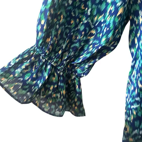 AnnieWear Los Angeles Boho Chiffon Blouse L Blue Green Ikat Ruffle Sleeve Size L