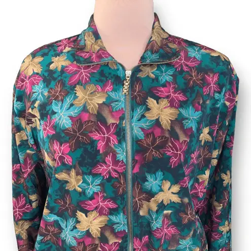 Vintage Teddi Floral Bomber Jacket Zip Front Fall Leaf Print Teal Pink Gold 12 Blue Size M
