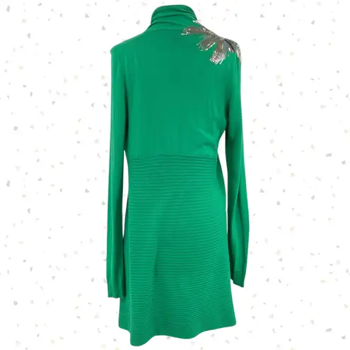 Bright Green Holiday Cardigan Open Front Gold Sequin Flower Sunbursts INC size M Size M