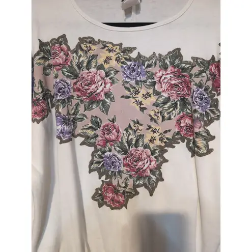 Teddi Sport Pullover Sweater, Vtg Floral Glitter Design, Granny Sweater Size L White Size L