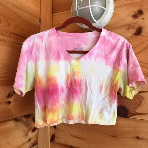 Hanes PRICED TO SELL!!! PINK/WHITE/YELLOW TIE DYE V-NECK SOFT STRETCHY SHORT SLEEVE CROP TOP