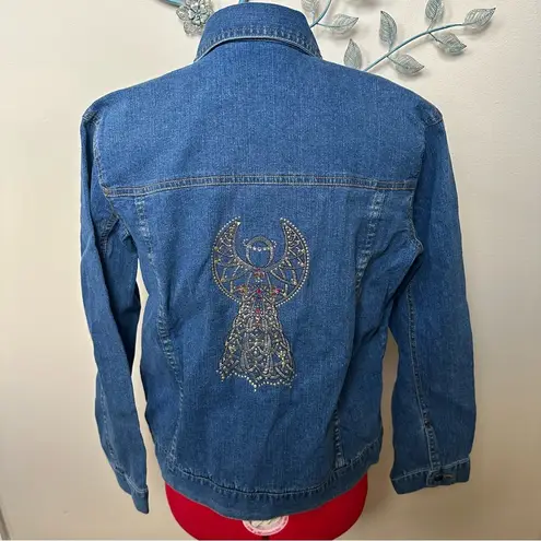 Embellished Cross/Angel jean jacket Small NWOT Blue