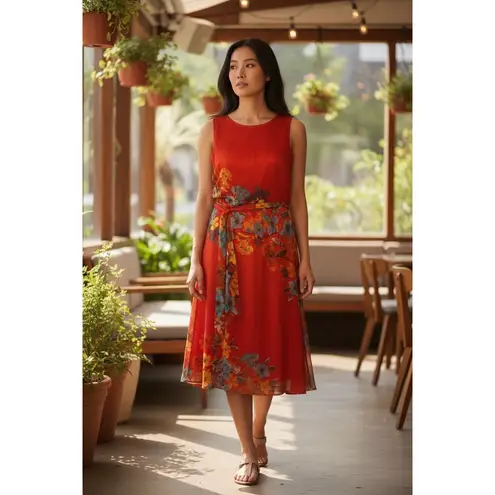 MSK Blouson Red Floral Belted Maxi Dress Size 8 Ankle Length Sleeveless